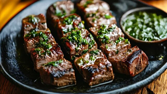 video of hot plate of asado served with chimichurri on the side in Argentina	