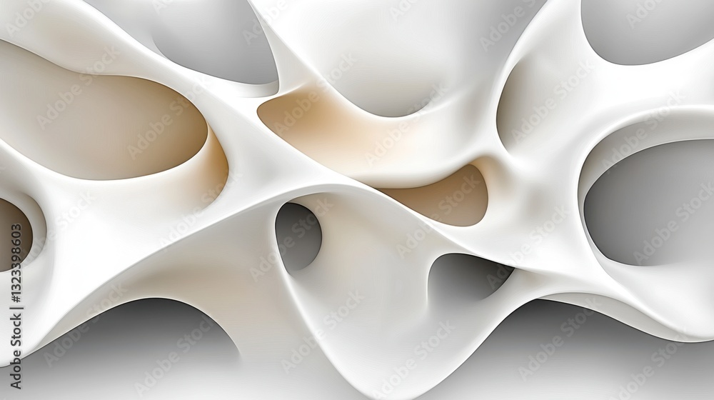 Poster abstract 3d rendering of a white organic form with textured surface and hollow spaces, creating a co