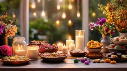 Fototapeta premium Festive Table Arrangement with Candles, Flowers, and Delicious Treats