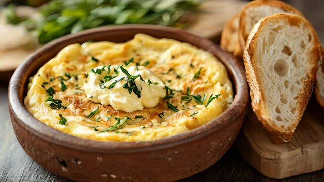 video of classic Spanish tortilla served with aioli and crusty bread, displayed on a banner