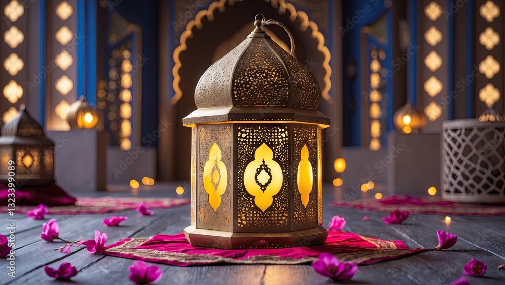Poster elegant arabic lantern illuminated with warm golden light in a serene setting surrounded by colorful