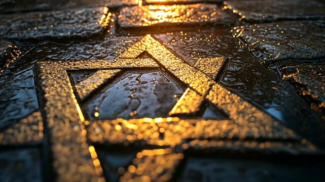 Illuminated star of david cobblestone pavement reflection shimmering in puddles history and cultural symbol