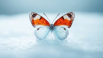 Obraz premium Elegant butterfly perched on white surface with vibrant orange wings showcasing intricate patterns and delicate features against a soft blue background