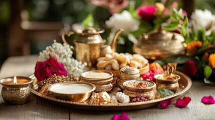Naklejka premium Traditional Indian Puja Thali with Decorative Items and Flowers