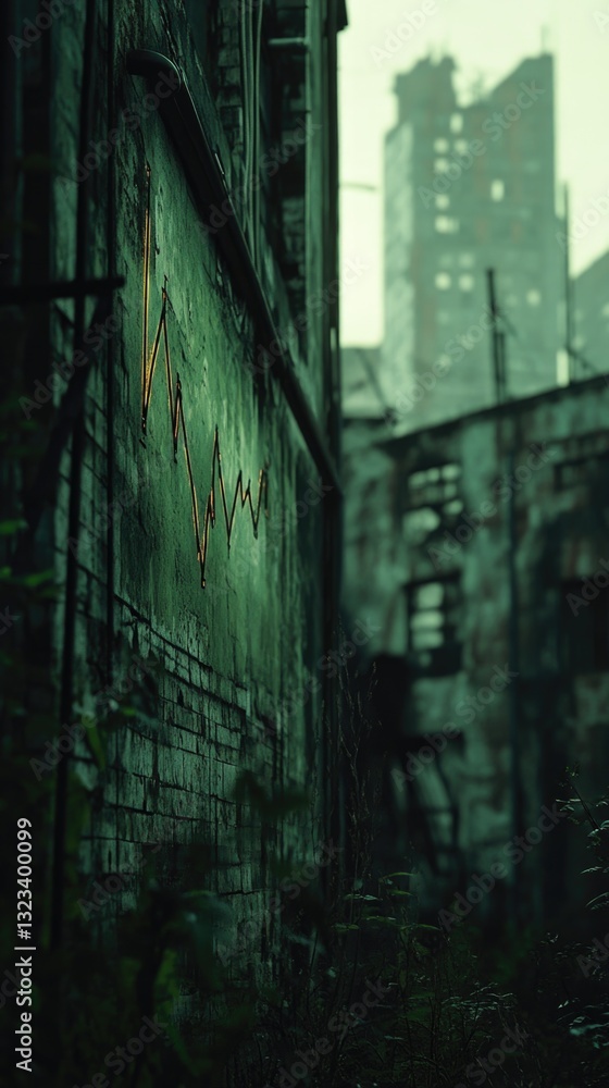 Poster a dimly lit alley with a mysterious building in the background, great for urban or crime scene image
