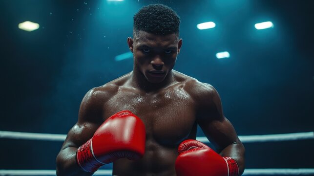 determined african american boxer wearing red gloves in boxing ring under bright lights. intense preparation for match. sports competition and fitness motivation. poster, banner, gym advertisement.
