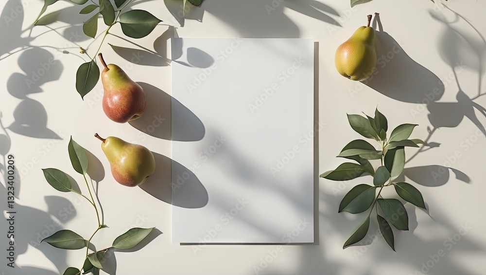 Poster minimalist flat lay featuring a blank white sheet of paper centered on a light background, surrounde