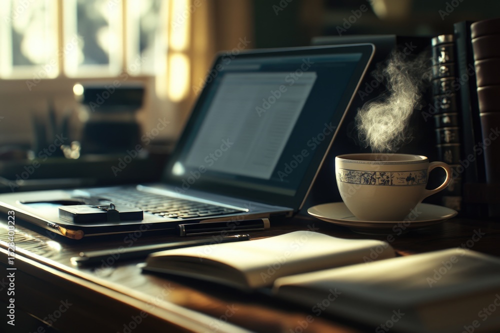 Poster a laptop computer placed on a wooden desk, perfect for remote work or studying