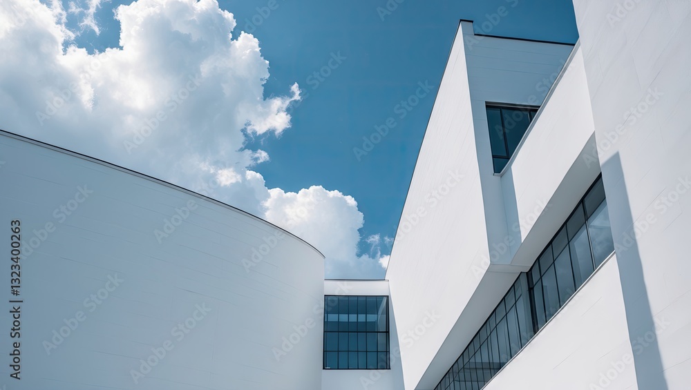 Poster modern architectural structure with curved white walls and large windows against a blue sky with flu