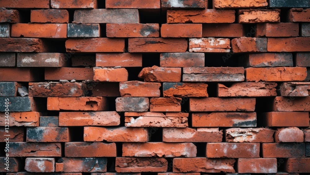 Poster textured red and orange bricks stacked irregularly creating a rustic backdrop featuring rough surfac