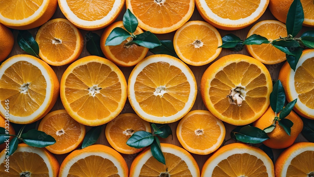 Poster vibrant orange slices arranged in a symmetrical pattern on a dark surface with green leaves scattere