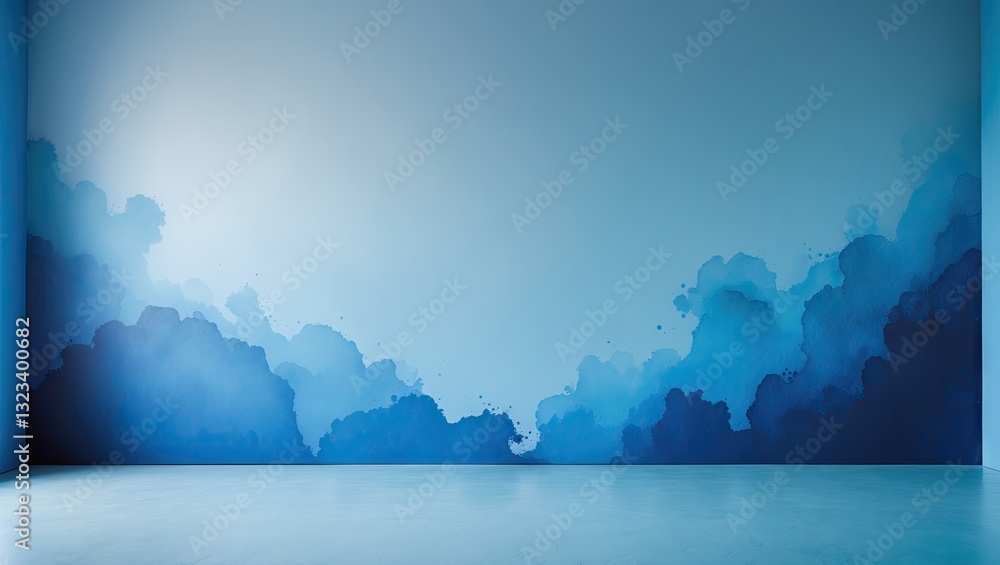 Poster light blue gradient backdrop with soft cloud-like textures creating depth and unoccupied floor space