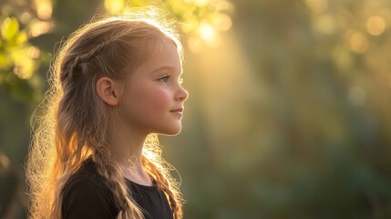 Adorable Child Portrait in Forest Setting, Head and Shoulders View, Soft Natural Light Filtering Through Trees with Blurred Green Backdrop.