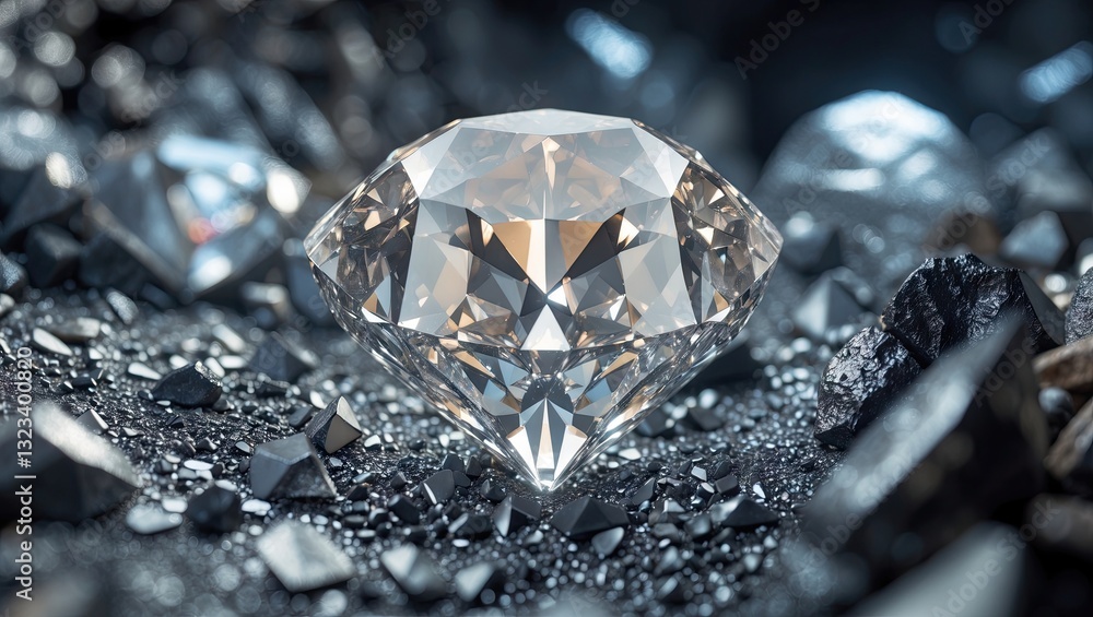 Poster sparkling rough diamond gem resting on dark mineral surface with reflective facets showcasing brilli