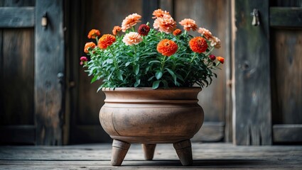 Ornamental flower pot with wood legs showcasing vibrant orange and red flowers centrally positioned against a rustic wooden background.
