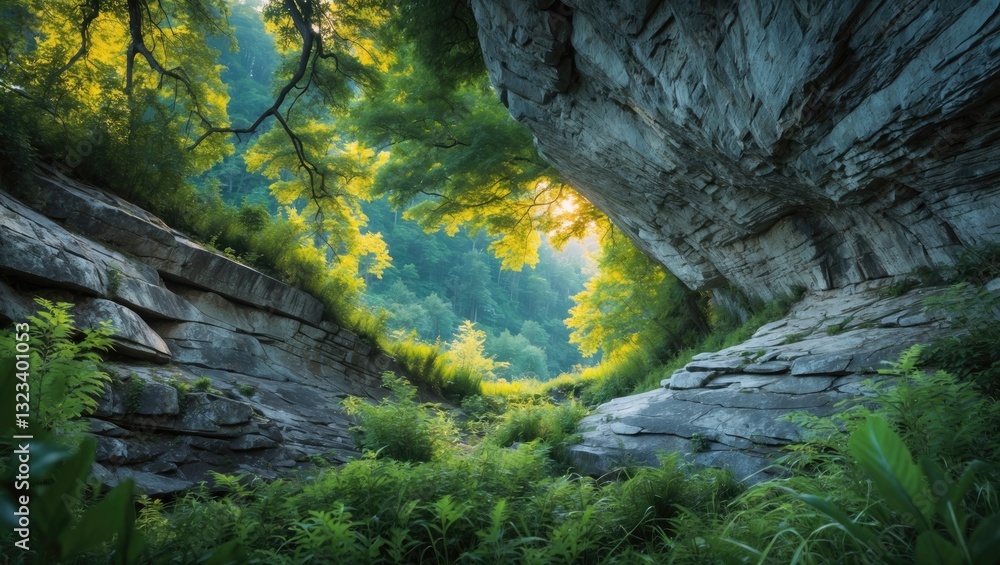 Poster lush green forest scene framed by rocky cliffs with sunlight filtering through leaves creating a tra