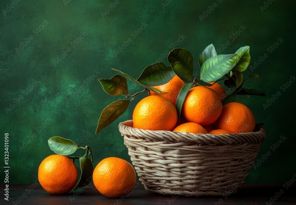 Poster a basket of oranges is displayed on a table. the oranges are ripe and ready to eat. the basket is wo