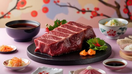 Kobe beef presentation on slate platter with colorful sushi sides and soy sauce on pastel pink background featuring floral designs and cherry blossoms.