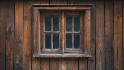 Rustic brown wooden window centered on a textured dark brown wooden wall, featuring four panes framed in weathered wood, evoking a vintage charm.