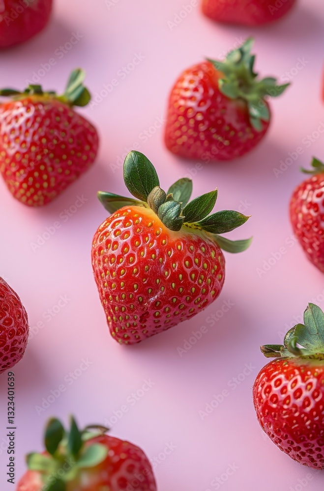 Poster a close up of a bunch of red strawberries. the strawberries are arranged in a row and are all the sa