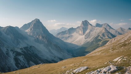 Scenic mountain landscape with rugged peaks in background soft green grassy foreground under clear blue sky ideal for design or text placement