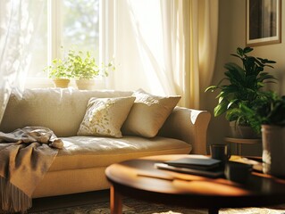 A cozy living room with a couch and coffee table, perfect for relaxation