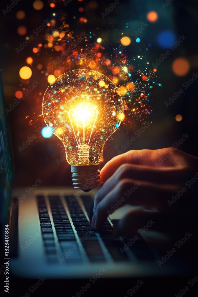 Poster a person working at night desk with a glow-in-the-dark light bulb providing illumination