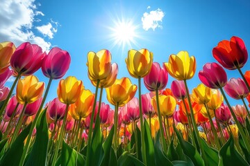 Fototapeta premium Vibrant tulip flowers create a beautiful landscape, showcasing various colors against a clear blue sky on a sunny spring day
