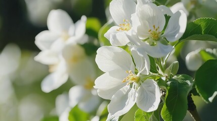 Obraz premium Close-Up of White Apple Blossoms, Capturing Delicate Beauty and Springtime Fragrance