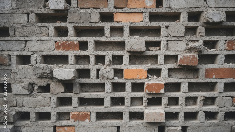 Poster cement block wall texture featuring irregular patterns and embedded bricks in gray and reddish hues,