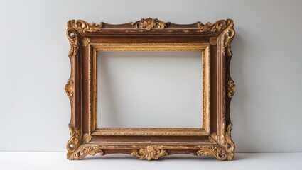 Antique wooden gilded picture frame with ornate detailing positioned horizontally against a clean white background showcasing elegance and vintage charm