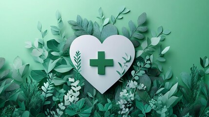 Heart-shaped shield in a paper art style representing health, ideal for World Health Day promotions or family health insurance themes, with a calming green and white palette.