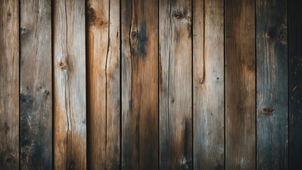 Naklejka premium Rustic wooden plank background with rich brown and gray tones, featuring vertical alignment and varied textures for a vintage aesthetic.