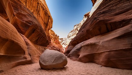 large boulder in narrow desert canyon surrounded by sandstone walls