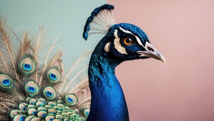 Vibrant peacock portrait featuring a rich blue head and detailed feather patterns against a soft pastel gradient background.