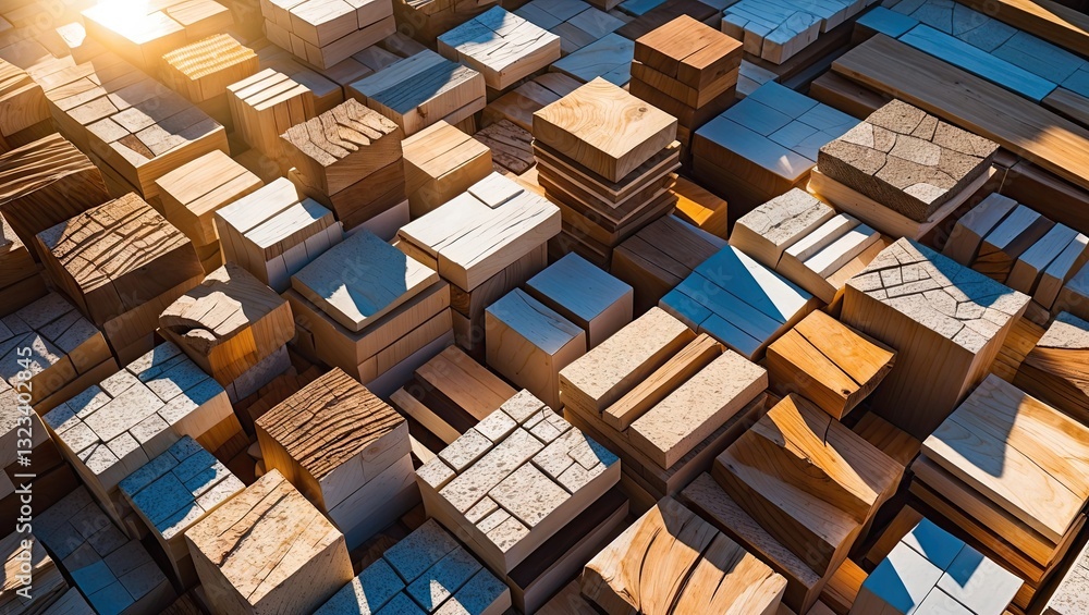 Poster mosaic of assorted wood blocks in varying sizes illuminated by sunlight showcasing natural textures 
