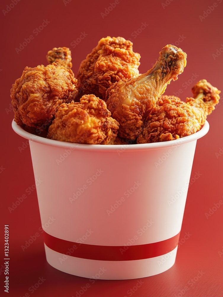 Poster a bucket of crispy fried chicken on a red background