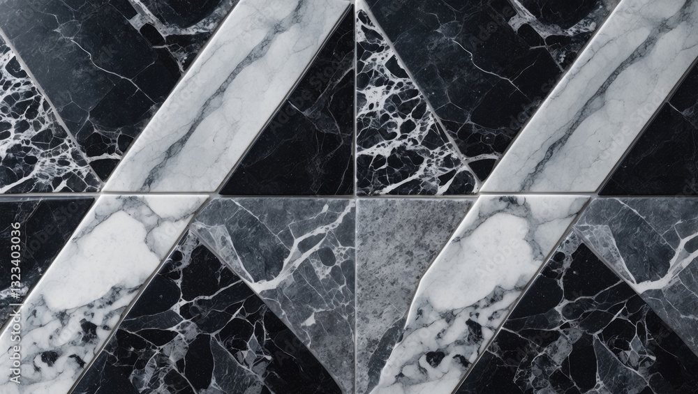 Poster black and white marble stone tiles arranged in a geometric pattern with smooth and rough textures fo