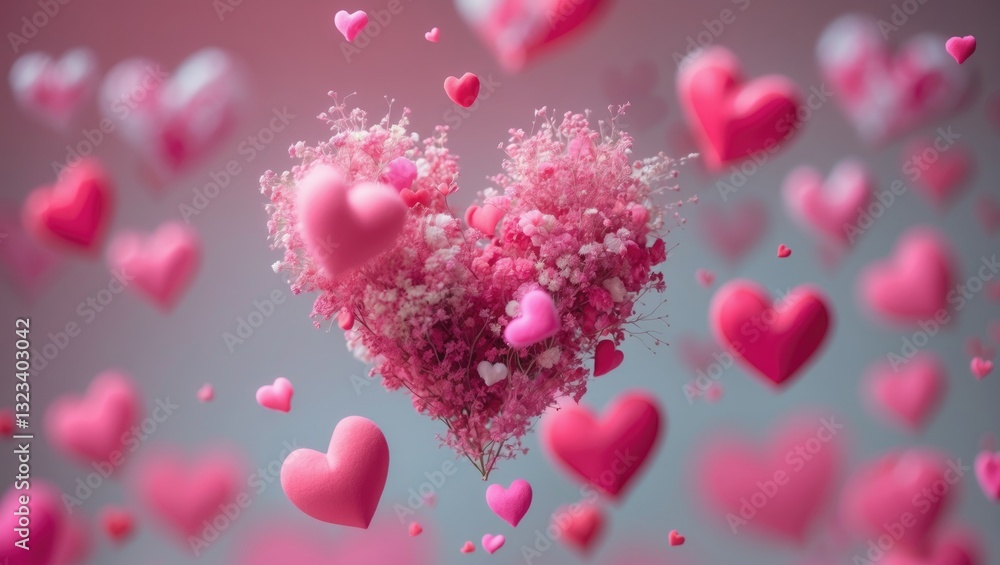 Poster blurry pink heart shapes floating against a soft gradient background creating a dreamy romantic atmo