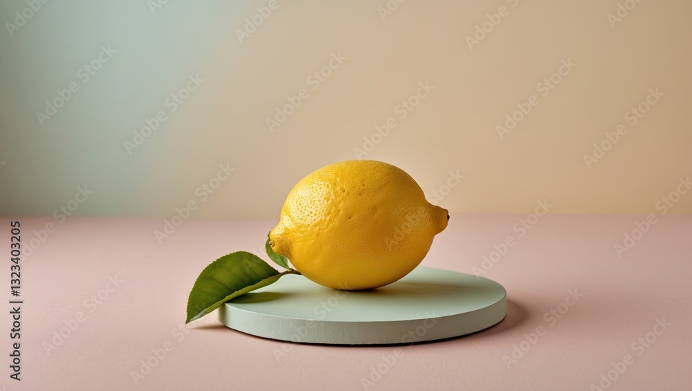 Poster fresh yellow lemon resting on a light green circular platform with a green leaf against a soft paste