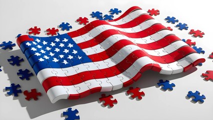 United States flag on interlocking puzzle pieces symbolizing unity and patriotism, representing national pride .