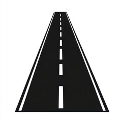 Blacktop road with white dashed lines receding to a vanishing point against a white background. Simple, graphic illustration of a roadway.