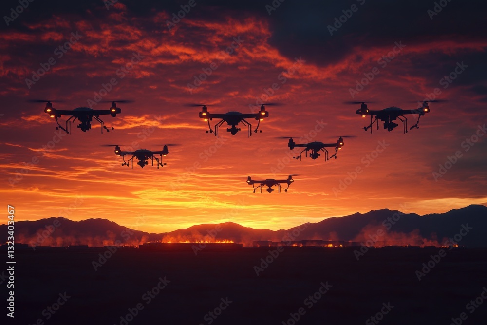 Poster aerial view of multiple flying drones soaring at sunset with mountainous landscape in the background