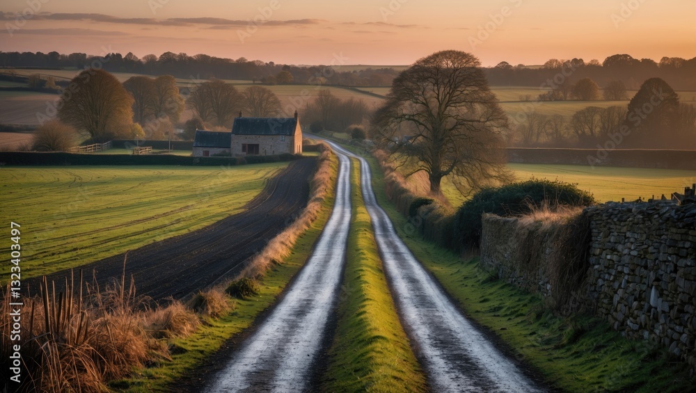 Poster serene country road at dawn winding through lush green fields with a rustic barn on the left and a l