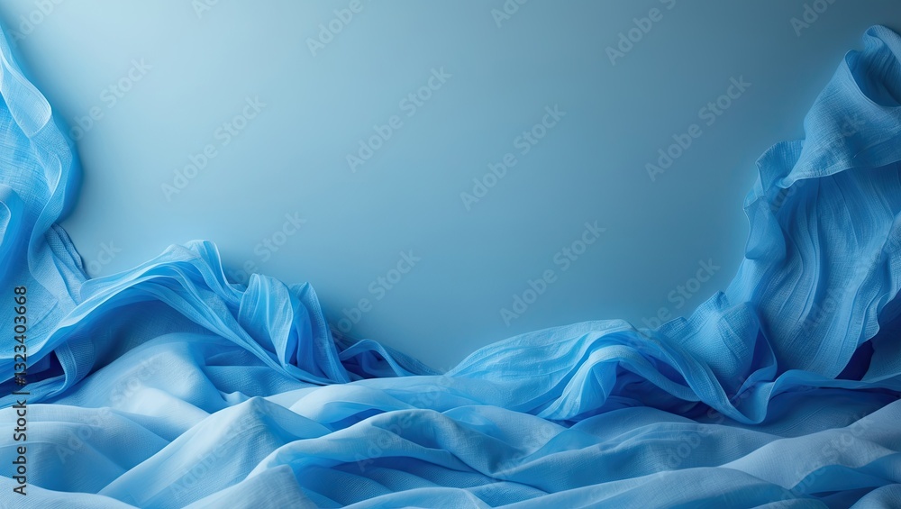 Poster soft light blue gradient drapery creating an elegant backdrop with flowing fabric waves in the foreg