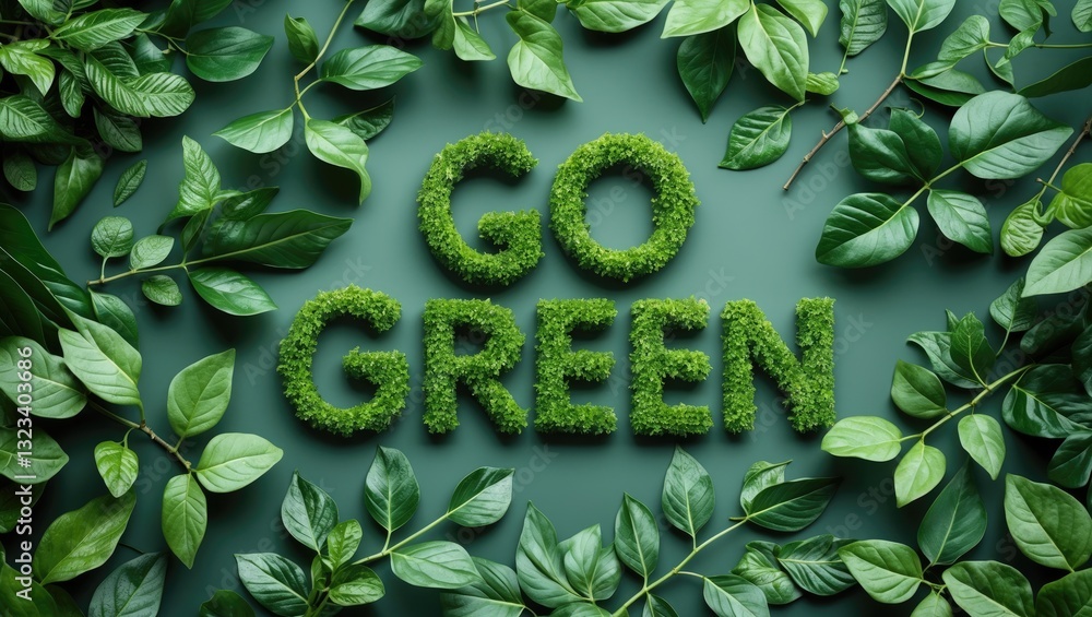Poster vibrant green leaves surround a lush grass-textured phrase go green on a soft green background with 