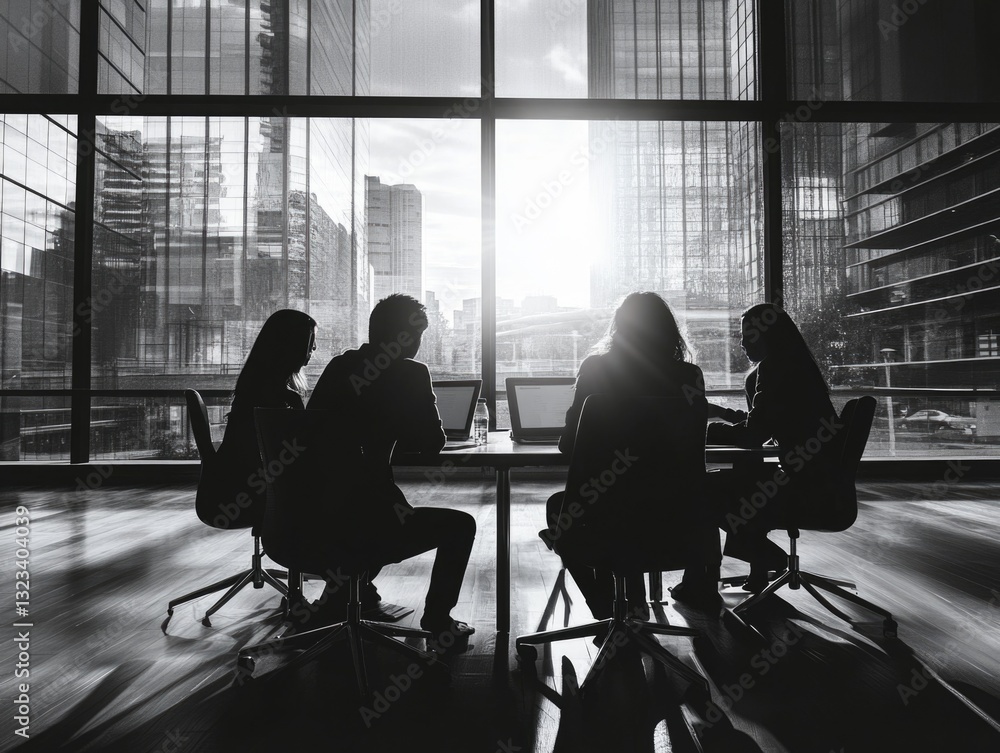 Poster a group of people seated around a table, with a window providing natural light and a view