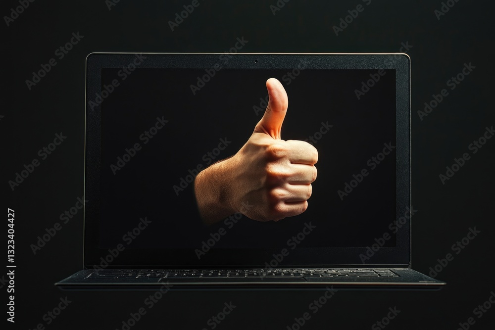 Poster a laptop with a positive gesture on a dark background, suitable for tech-related or motivational con
