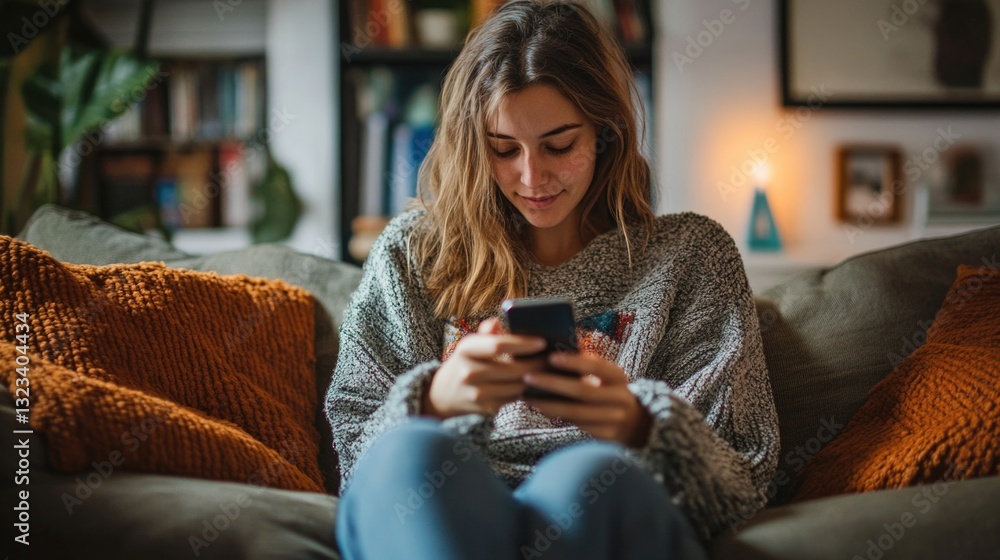 Poster A person sitting on a couch looking at their mobile device, possibly checking messages or browsing the internet
