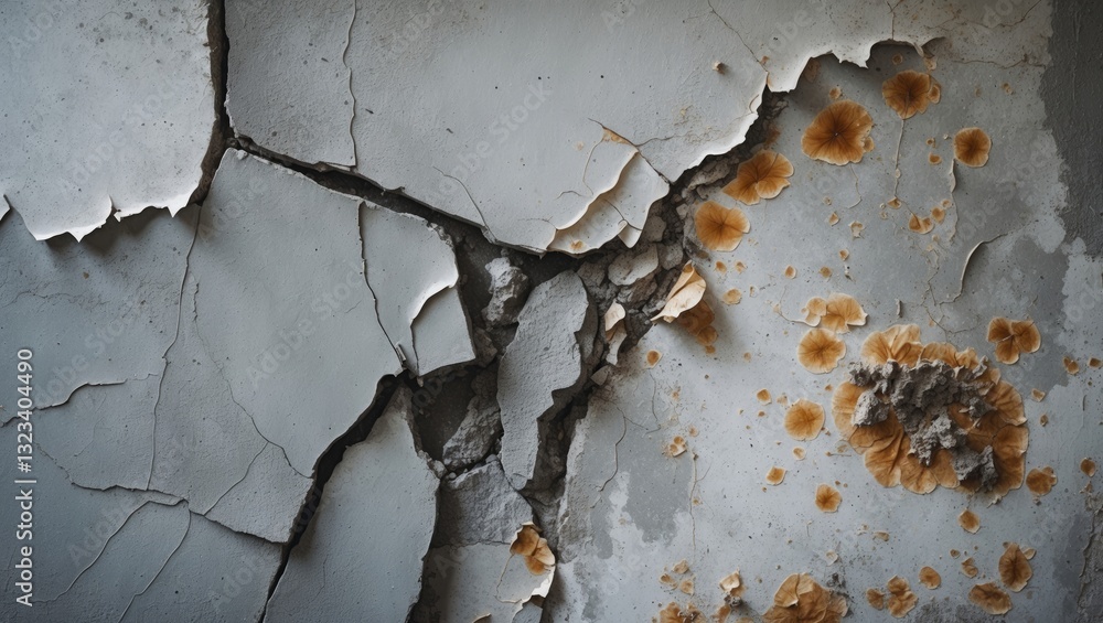 Poster cracked and peeling plaster wall with rust stains in shades of gray and brown, showcasing texture an